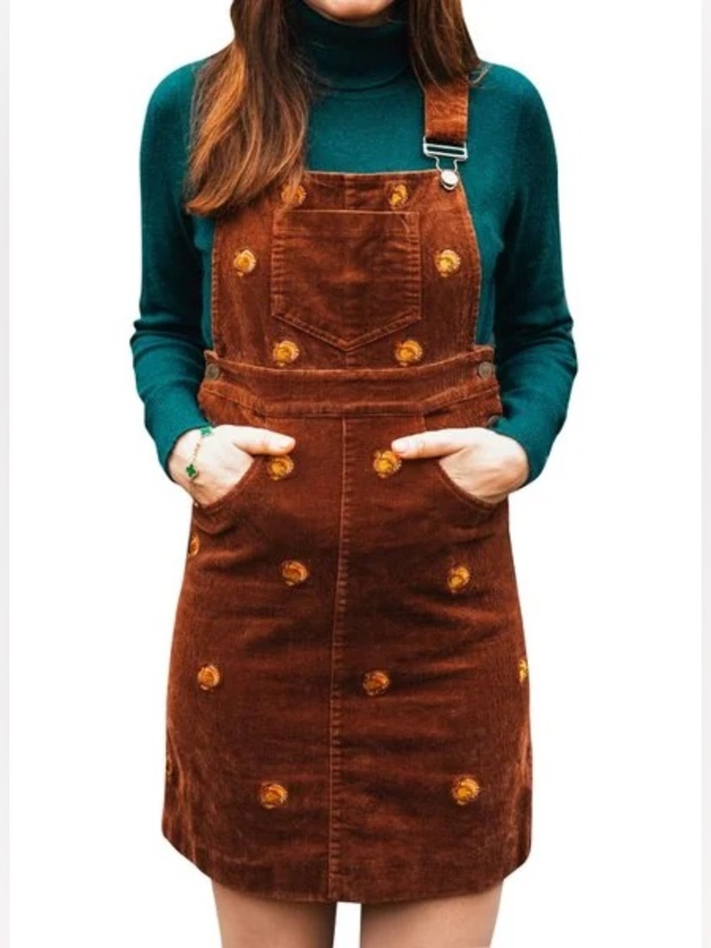 Kiel James Patrick Turkey Embroidered Corduroy Jumper Dress Fall Thanksgiving XS